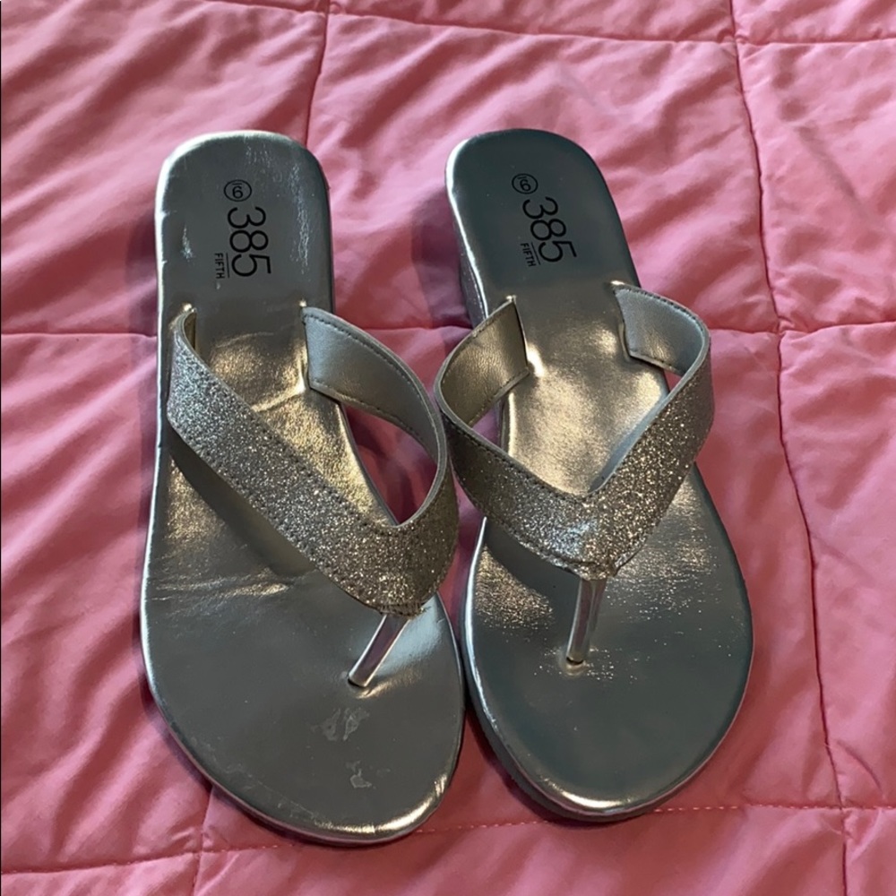 Silver glitter wedge flip flops size 9